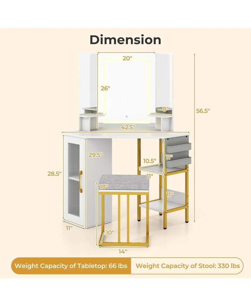 Volenca Corner Vanity Desk with Triple Mirror and Lights, Makeup Dressing Table