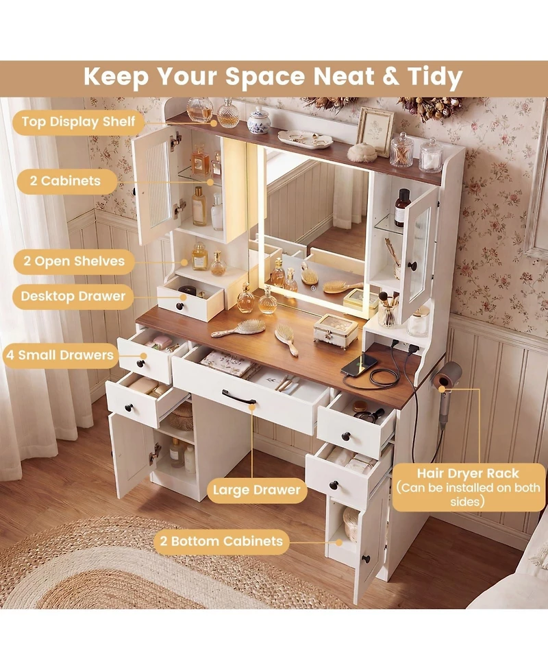 Volenca 41.5" Makeup Vanity Desk with Power Outlets and 3 Color Lighting Modes, Mirror