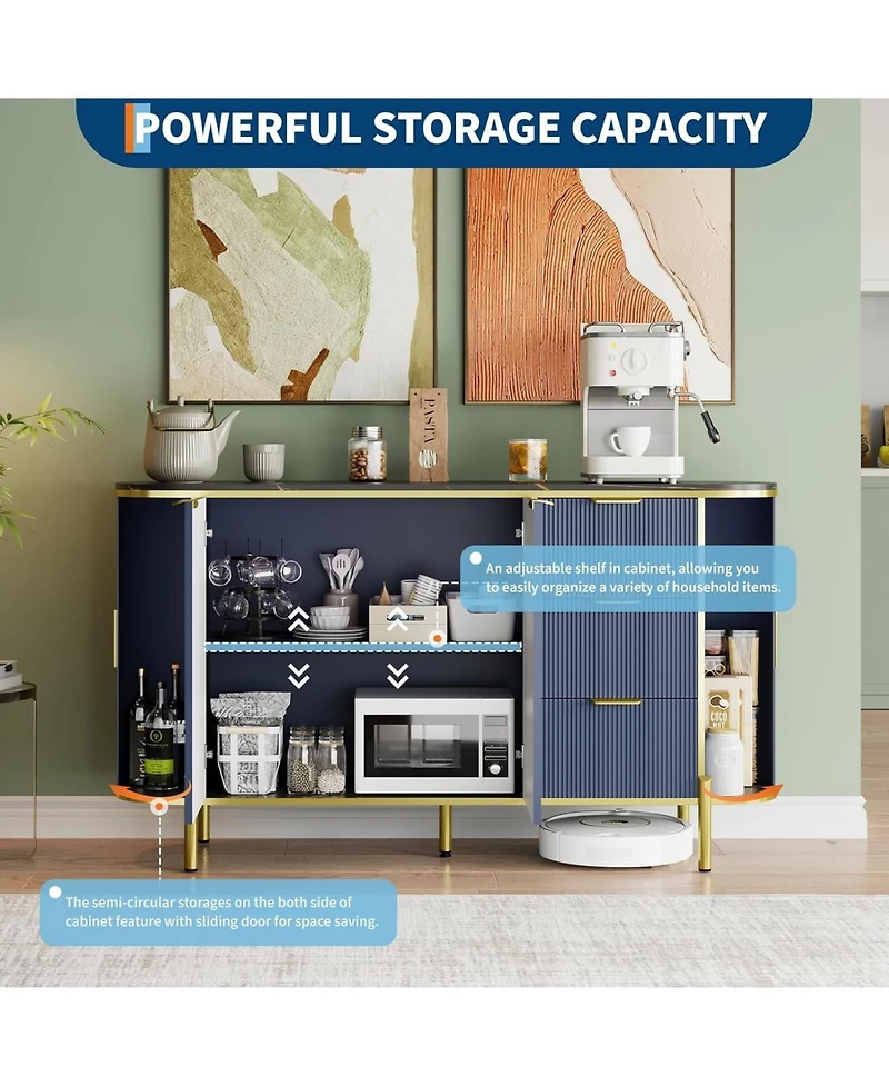 Gaomon Sideboard Buffet Storage Cabinet, 60in Large Modern Fluted Cupboard Coffee Bar Tv Console Cabinet with Adjustable Shelf for Kitchen