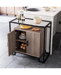 Gaomon Rattan Nightstand with Tempered Glass Top, 2-Door Open Storage Cabinet with Steel Frame for Bedroom