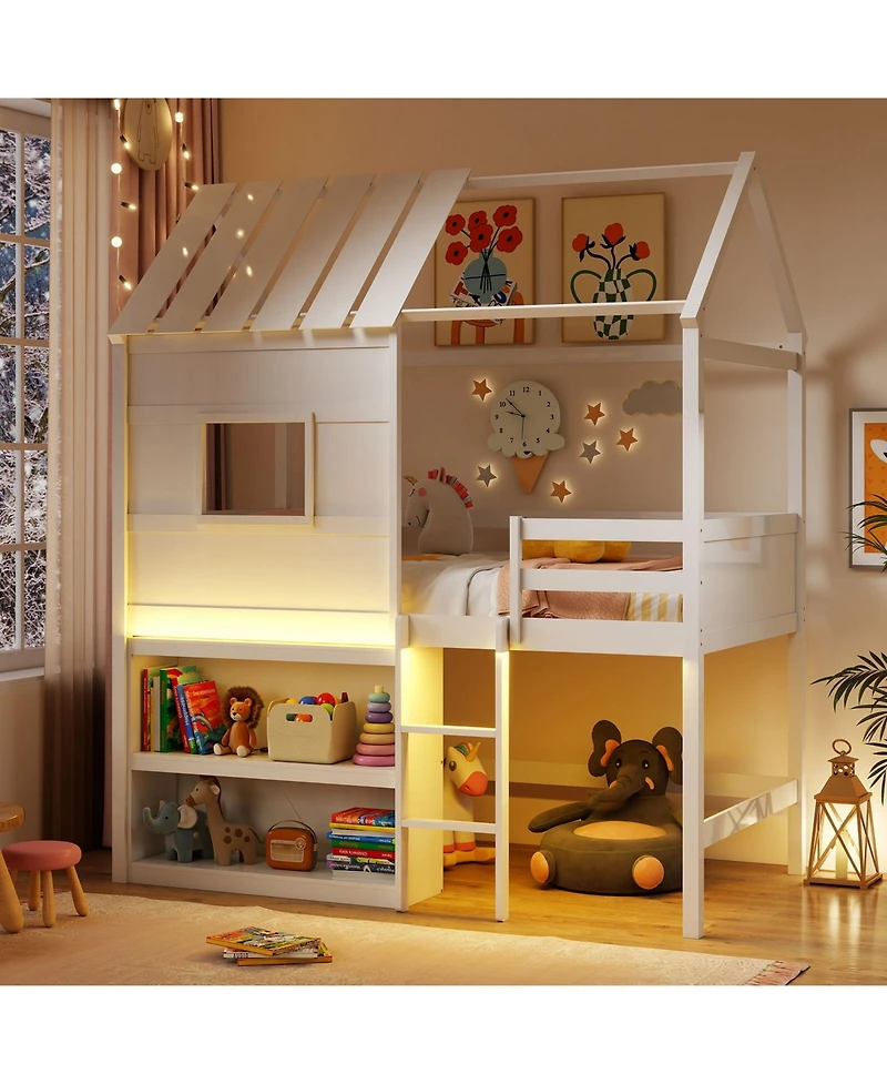 Slickblue Pine Wood / Plywood / Engineered Wood Led Lighting and Built-In Bookshelf Kids Twin Loft Bed - 44