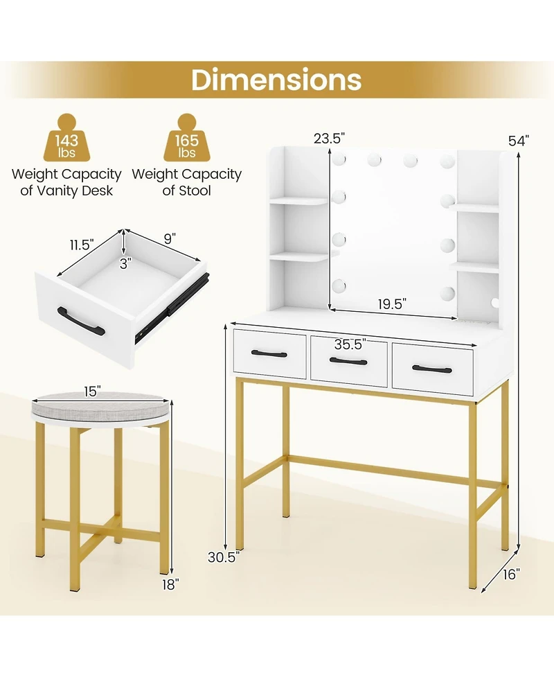 Volenca Vanity Desk and Cushioned Stool Set with Lighted Mirror and Lights, Makeup Table