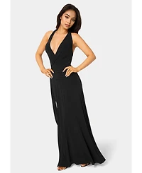 Bebe Women's Wrap Front Plunge Neck Maxi Dress