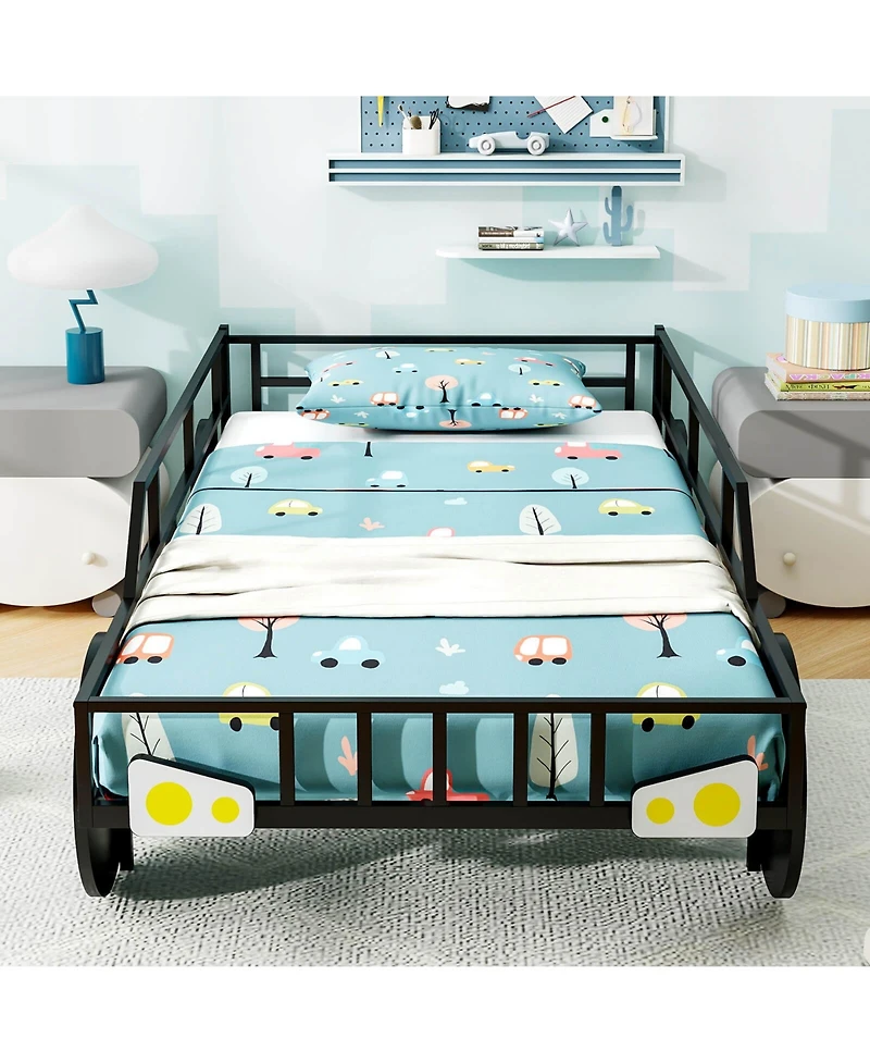 Slickblue Kids Twin Size Car Bed Frame with Safety Rails and Metal Frame - 42