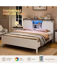 gaomon Farmhouse Bed Frame with Led Lights, Charging Station, Storage Bookcase Headboard, Sliding Barn Door - Queen