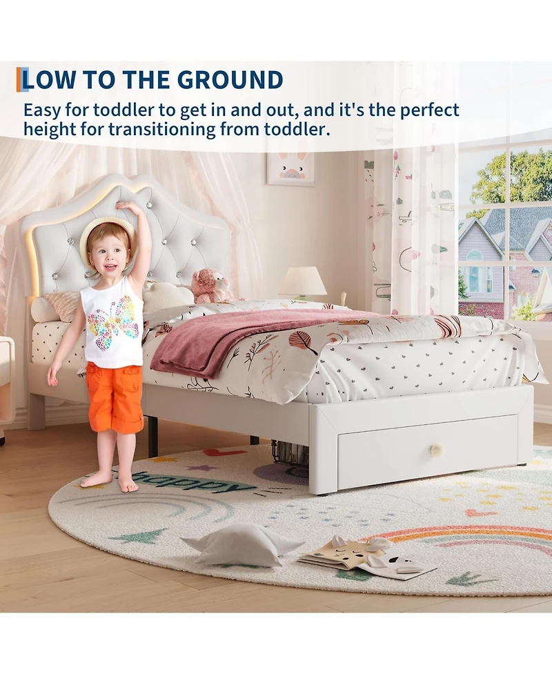 gaomon Twin Bed Frame with Led Lights, Velvet Crystal Headboard, Upholstered Platform, Drawer, Beige