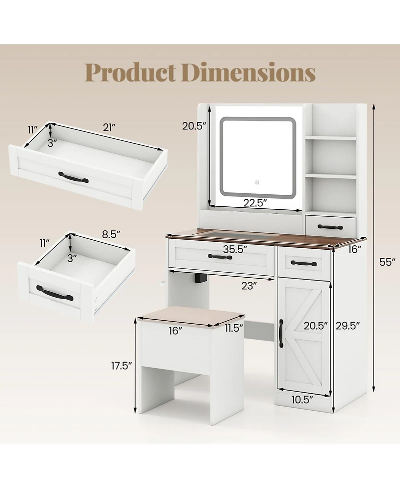 Volenca Farmhouse Vanity Desk with Lighted Mirror, Makeup Dressing Table
