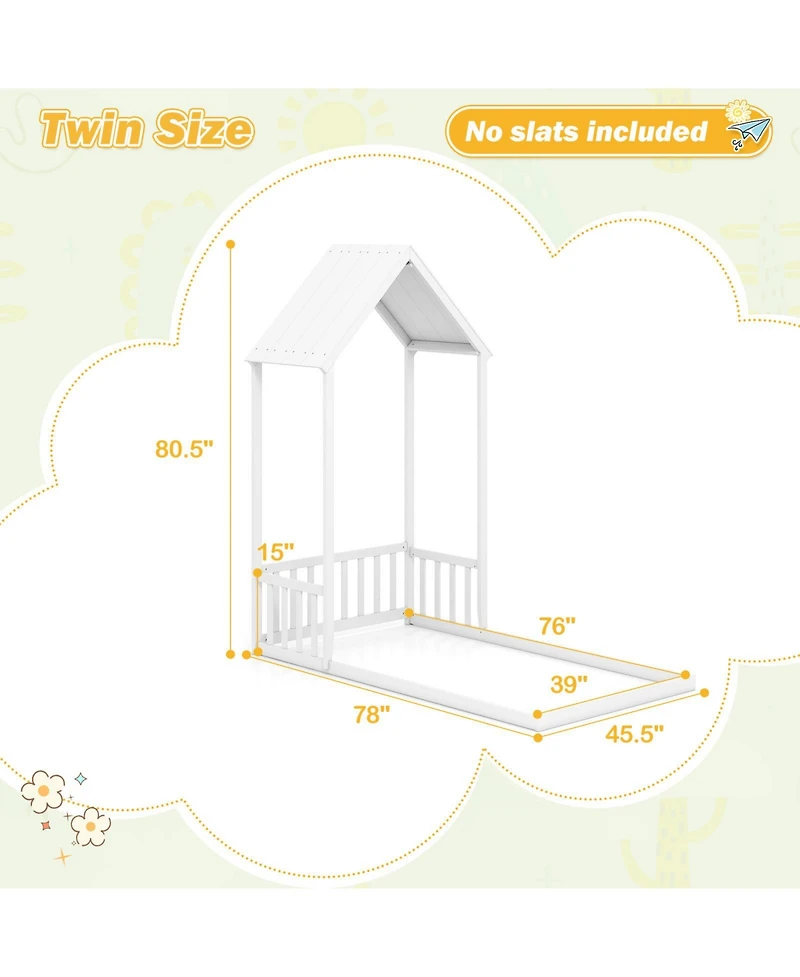 Slickblue Twin House-Shaped Bed with Roof and Semi Fence for Kids