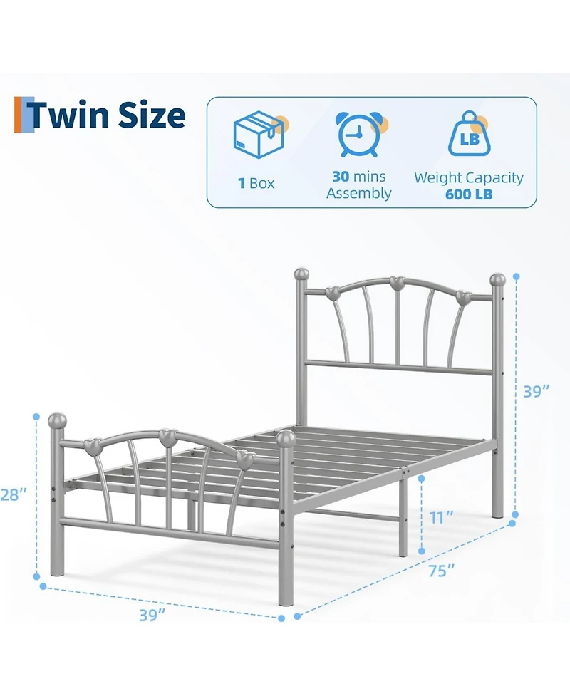 gaomon Twin Metal Bed Frame, Platform Bed with Heart-Shaped Headboard & Footboard, Heavy-Duty for Girls, Grey