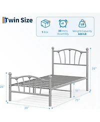 gaomon Twin Metal Bed Frame, Platform Bed with Heart-Shaped Headboard & Footboard, Heavy-Duty for Girls, Grey