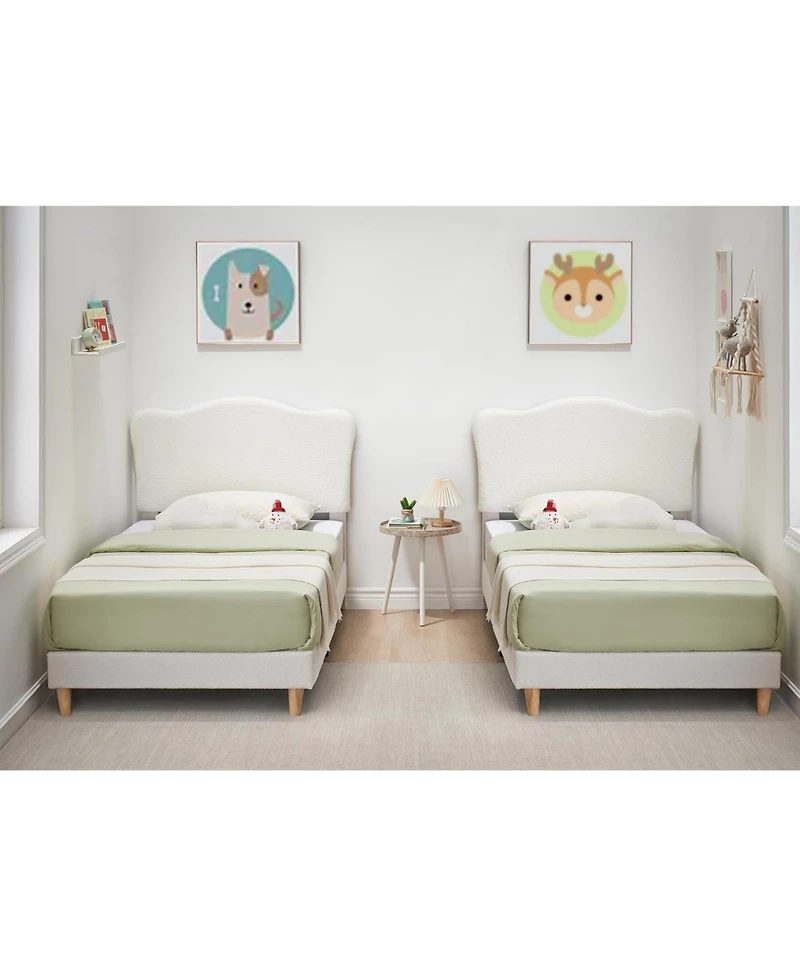 gaomon Twin Kids Velvet Bed Frame with Scallop Headboard, Upholstered Platform, Wood Slats, White