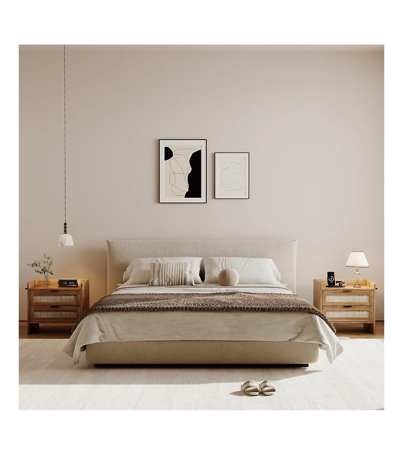 gaomon 1PC Walnut Brown Rattan Nightstand, 2-Drawer Bedside Table with Type-c Charging Station