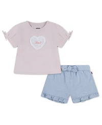 Levi's Girls' Toddler 2T-4T Bow Sleeve T-Shirt and Belted Shorts, 2-Piece Set