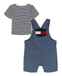 Tommy Hilfiger Baby Boys' Striped Crewneck T-Shirt and Signature Denim Shortalls, 2-Piece Set