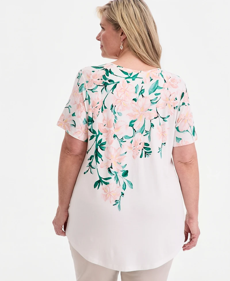 Jm Collection Plus Printed Scoop-Neck Short Sleeve Top, Macy's Exclusive