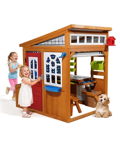 Sugift Cedar Wood Playhouse with Functional Doorbell, Windows & Storage Pockets
