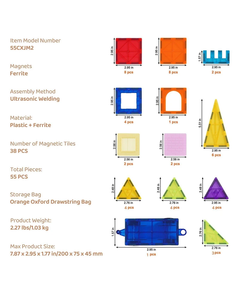 Sugift 55-pc Magnetic Tiles Starter Set with Car Base & Number Cards