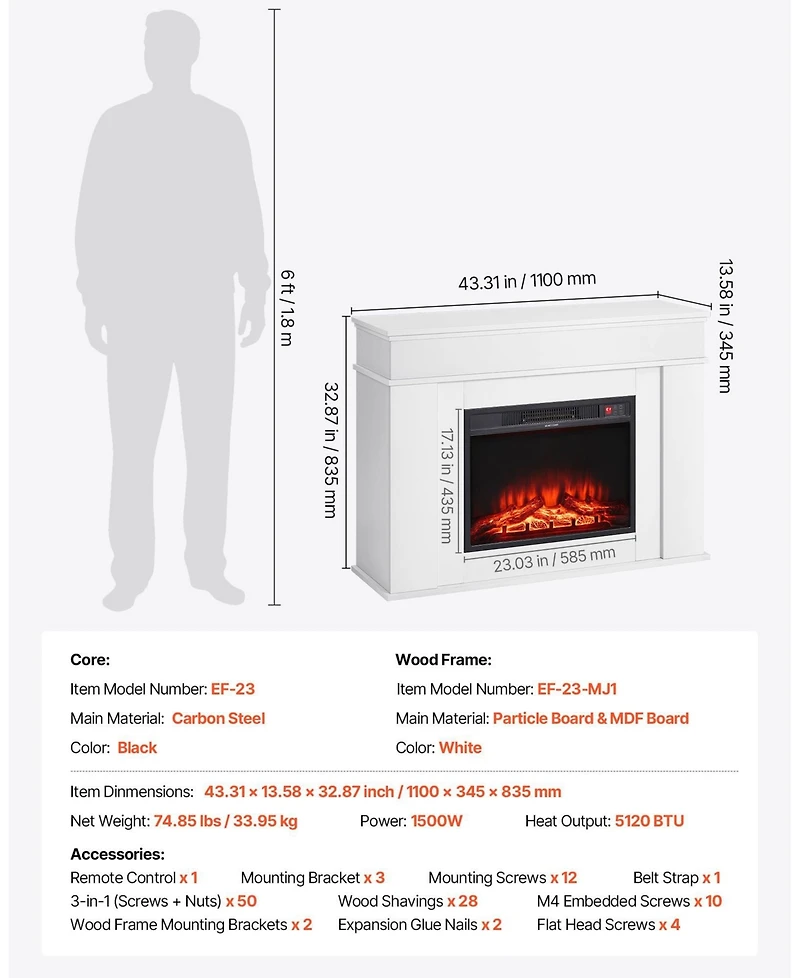 43" Freestanding Electric Fireplace Stove Heater with Mantel 1500W White