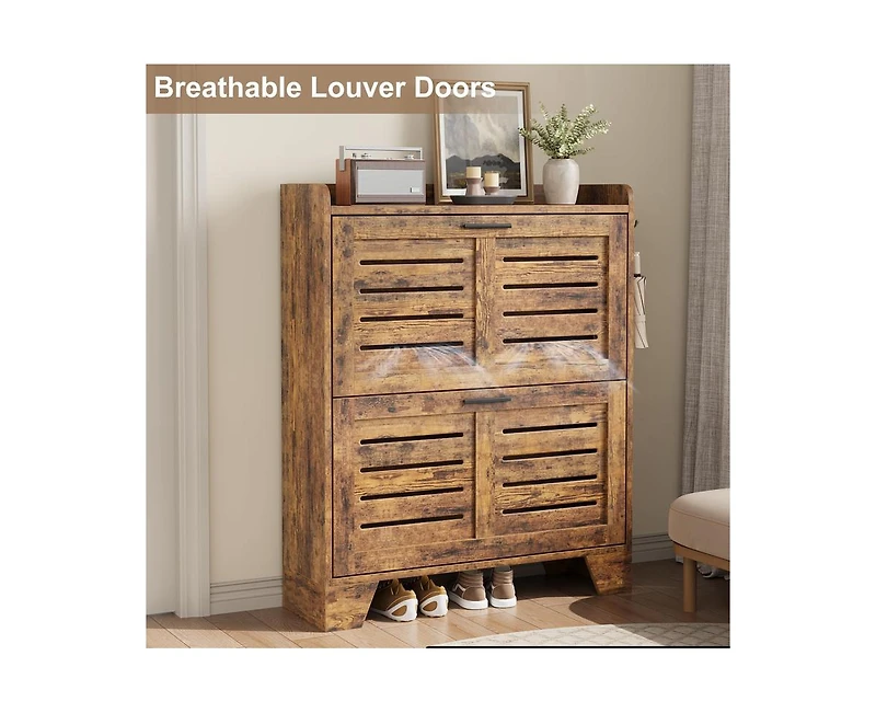 gaomon Shoe Storage Cabinet with 2 Flip Drawers, Narrow Shoe Cabinet for Entryway, Freestanding Hidden Slim Shoe Organizer Cabinet with Hooks