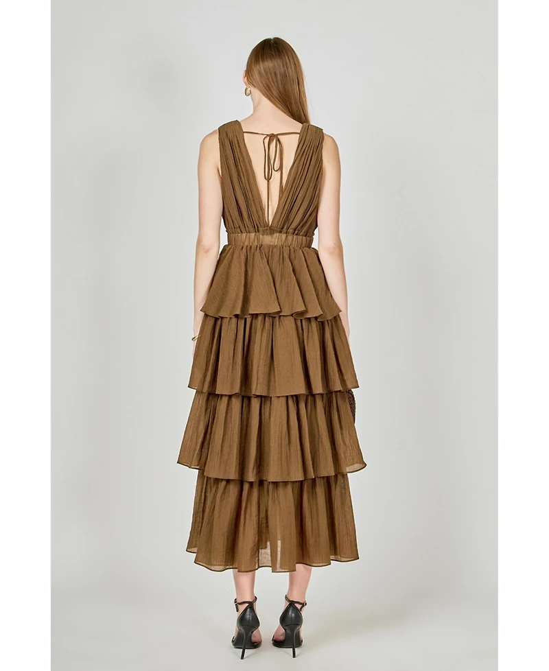 endless rose Women's Crinkled Deep V Tiered Maxi Dress