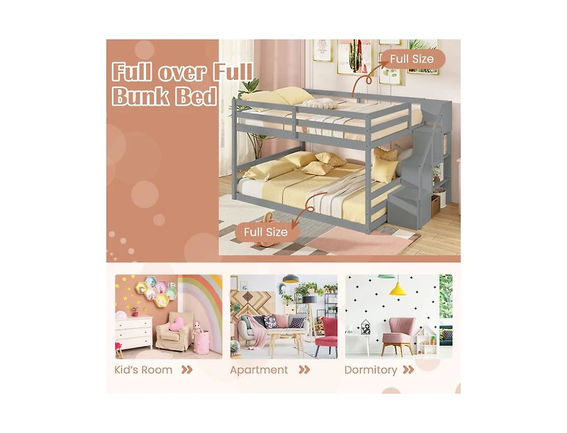 Slickblue Low Full Bunk Bed with Solid Wood and Storage Steps