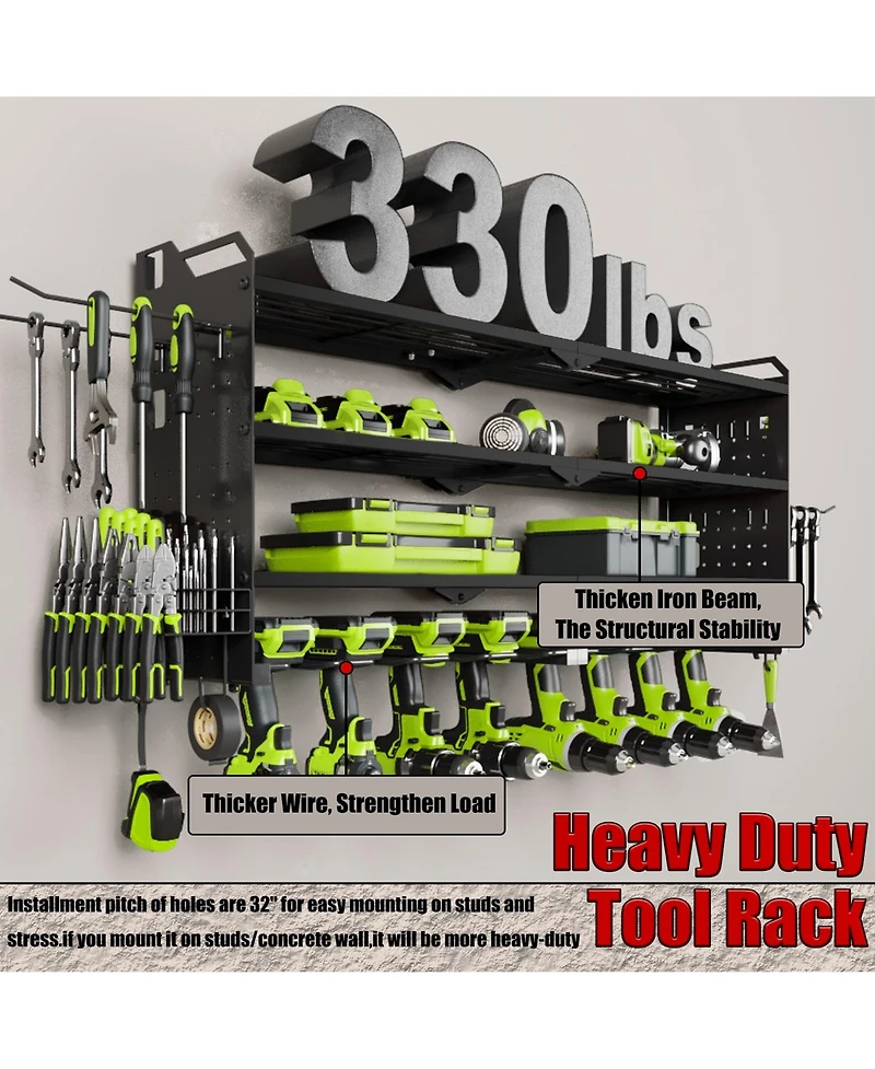 Hausource 32" Wall Mount Tool Organizer 4 Layers Garage Storage Racks with 8 Drill Holders, Power Adapter for Home Organization