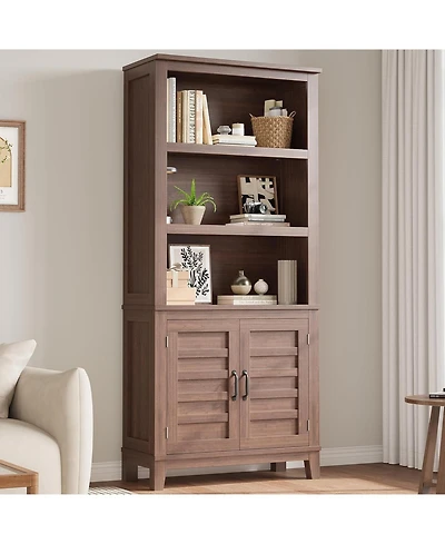 gaomon Bookcase with Door 5 Tier Storage Bookshelf Wooden Farmhouse Bookshelves Rustic Vintage Etagere Walnut for Home Office,Living Room