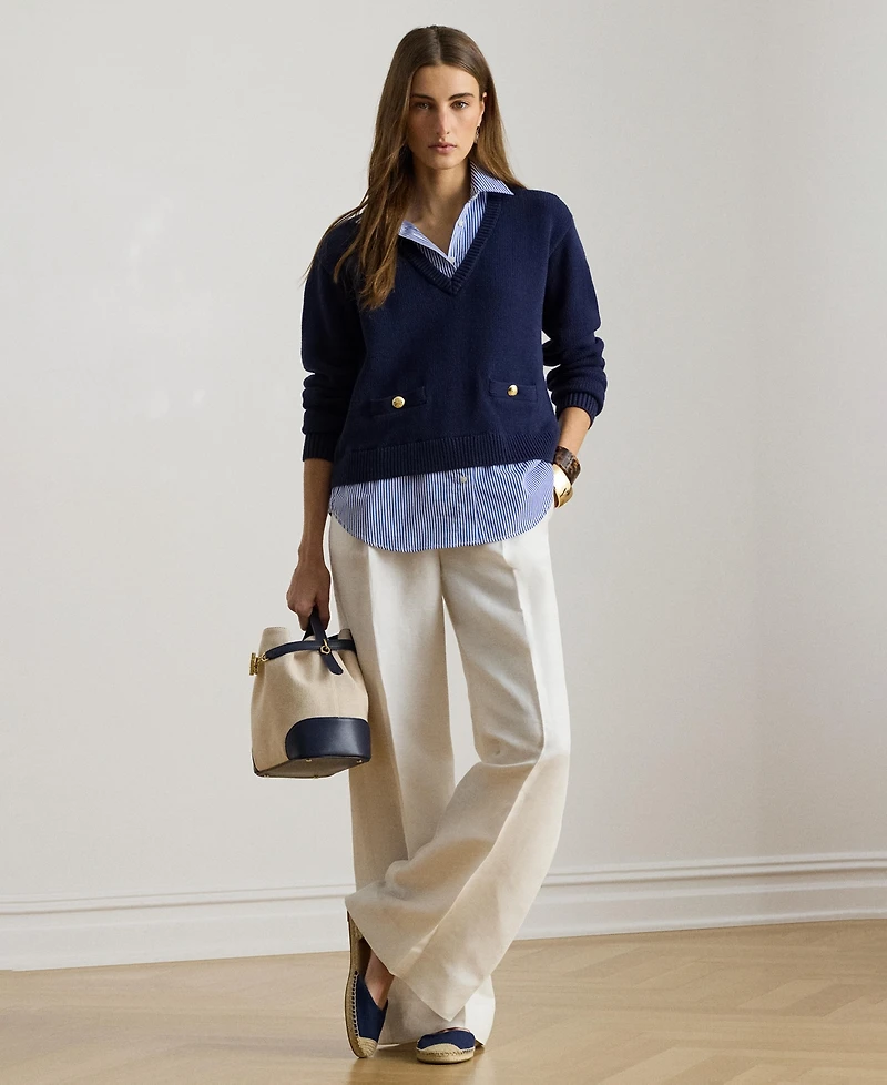 Lauren Ralph Women's Layered Button-Trim Spread Collar Sweater