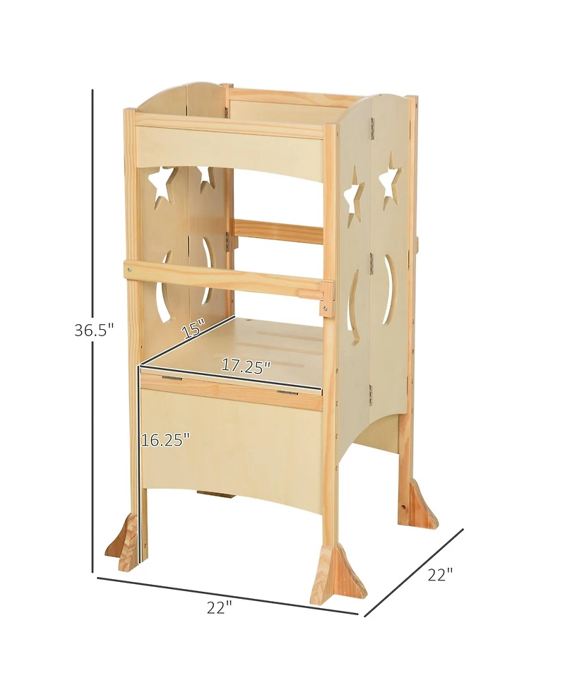 Flynama Wooden Kitchen Step Stool for Kids, Foldable Toddler Tower, Helper Stool for Kitchen Counter with Support Handles Safety Rail