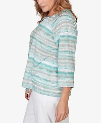 Hearts Of Palm Plus Printed Slub 3/4 Sleeve Blouson Top