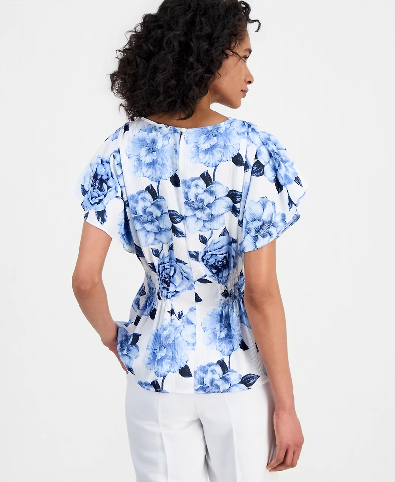 Anne Klein Women's Flutter-Sleeve Smocked-Waist Floral Top