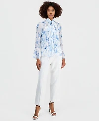 Anne Klein Women's Printed Ruffled Long-Sleeve Blouse
