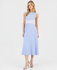 Anne Klein Women's Linen-Blend Lace-Trim A-Line Midi Dress