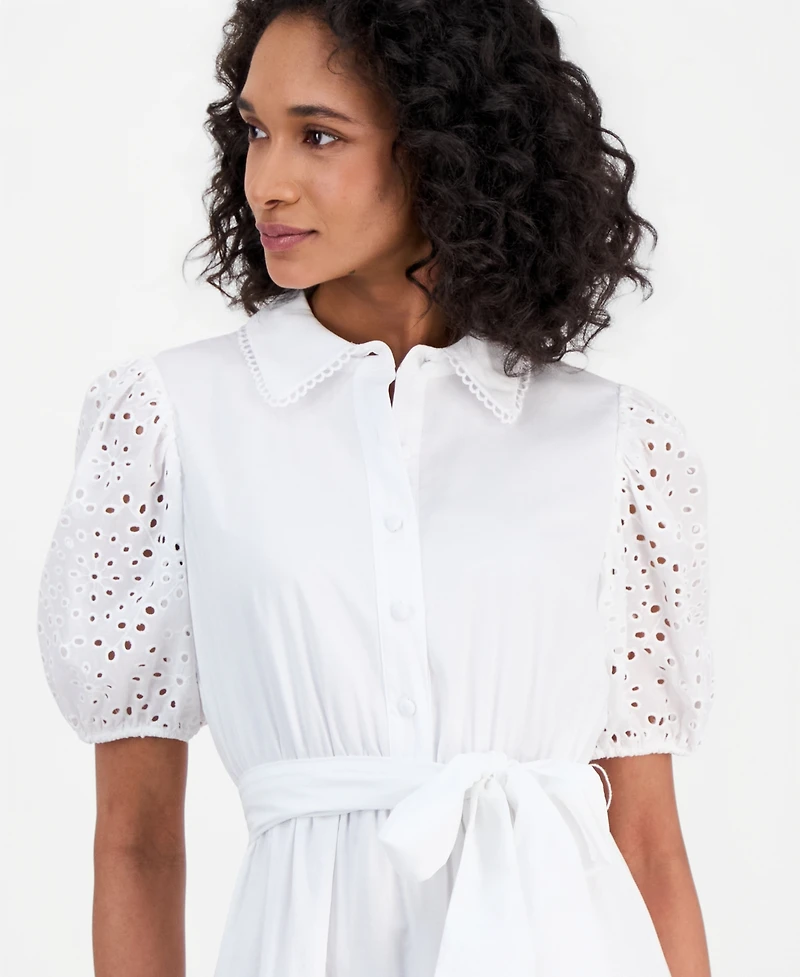 Anne Klein Women's Puff-Sleeve Midi Eyelet Shirtdress