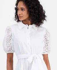 Anne Klein Women's Puff-Sleeve Midi Eyelet Shirtdress