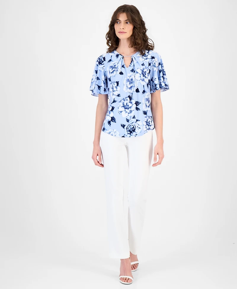 Anne Klein Women's Pleated Printed Bell-Sleeve Top