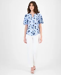 Anne Klein Women's Pleated Printed Bell-Sleeve Top