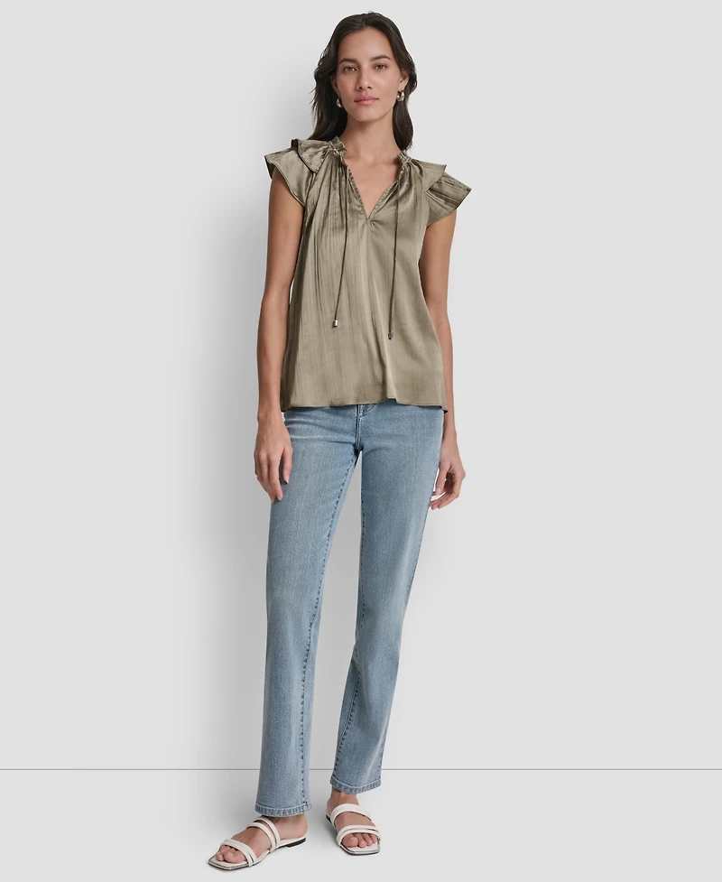 Dkny Women's Short-Sleeve Pleated Tie Front Blouse