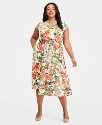 Kasper Plus Printed Split-Neck Cap-Sleeve Dress
