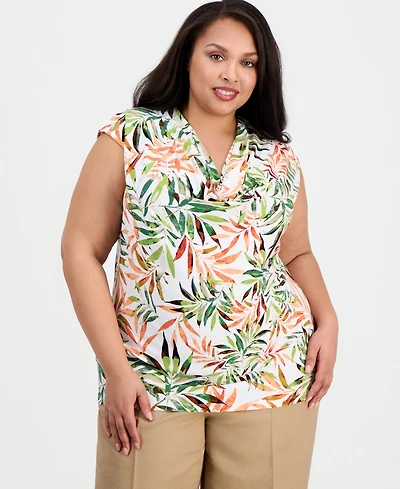 Kasper Plus Printed Cowl-Neck Cap-Sleeve Blouse