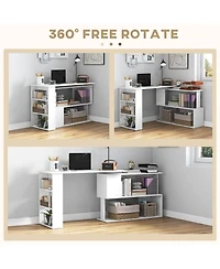 Homcom 360° Rotating Home Office Corner Desk and Storage Shelf Combo L-Shaped Table