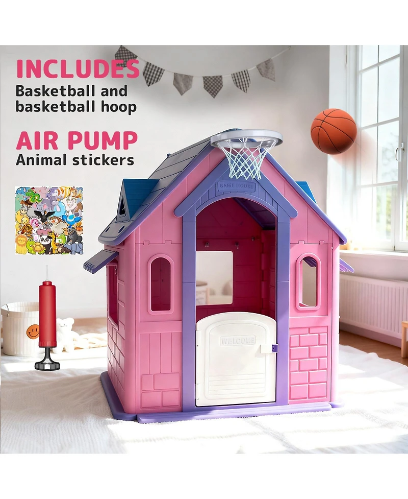Sugift Large Kids Playhouse for Indoor Outdoor with Basketball Ring Toss Play and Diy Stickers for Girls Boys Ages 2
