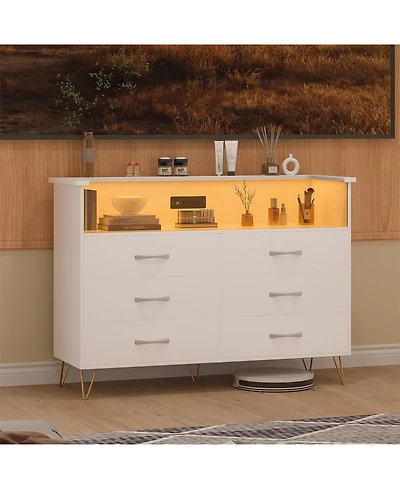 gaomon 6 Drawer Dressers for Bedroom,Dresser with Led Lights Power Outlet,6-Drawer Wooden Chest 2-Tier Open Shelf