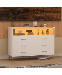 gaomon 6 Drawer Dressers for Bedroom,Dresser with Led Lights Power Outlet,6-Drawer Wooden Chest 2-Tier Open Shelf