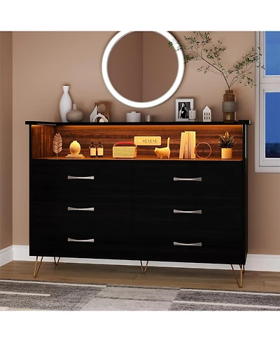 gaomon 6 Drawer Dressers for Bedroom,Dresser with Led Lights Power Outlet,6-Drawer Wooden Chest 2-Tier Open Shelf