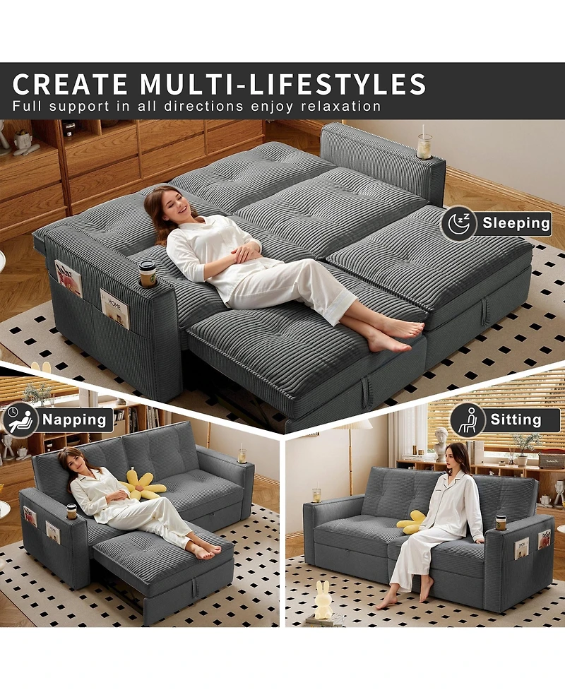 Boyel Living Multi-Functional Convertible Sofa Bed 2-in-1 Pull Out Bed, Modern Corduroy Fabric Couches with Cup Holders