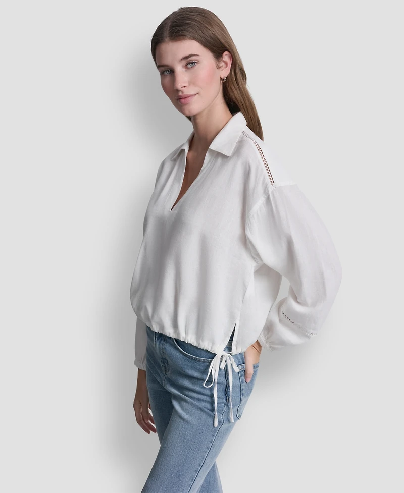 Dkny Jeans Women's Cropped Long-Sleeve V-Neck Shirt