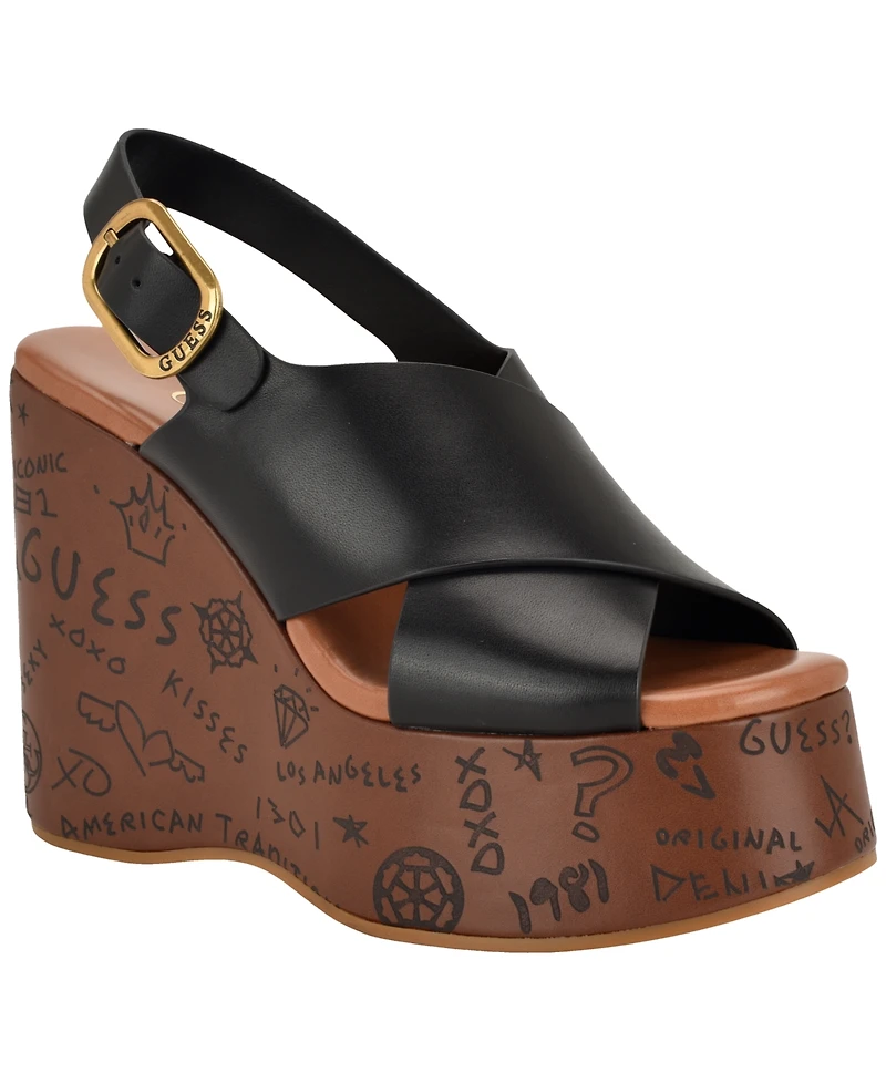 Guess Women's Yarisel Logo-Embossed Round Toe Wedge Sandals