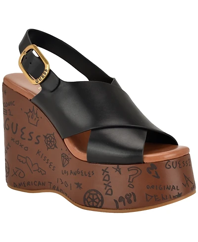 Guess Women's Yarisel Logo-Embossed Round Toe Wedge Sandals