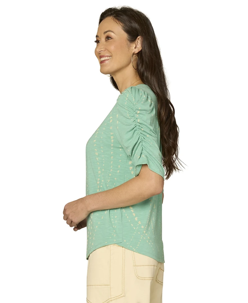 Democracy Petite Printed Ruched-Sleeve Scoop-Neck Top